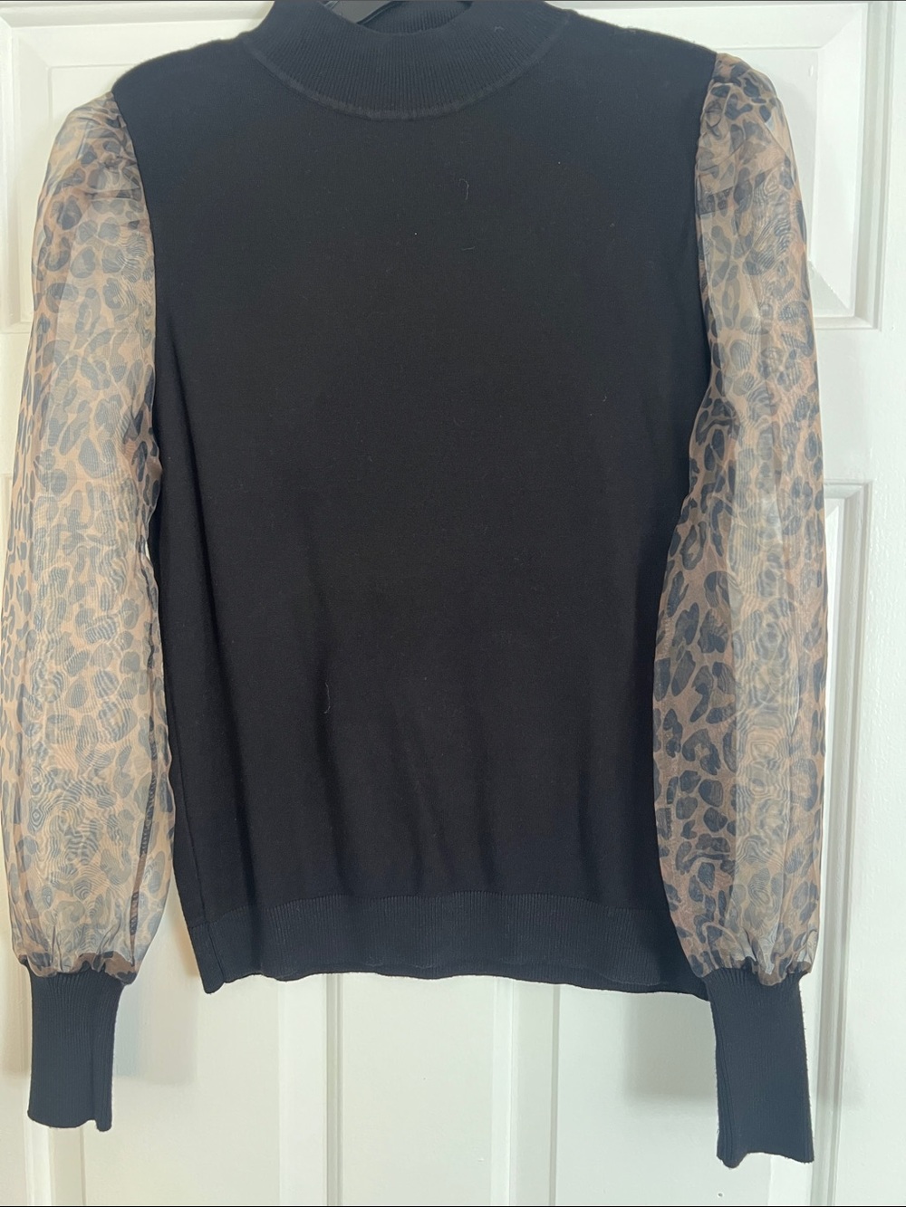 Sheer Leopard Sleeve Black Turtleneck Sweater